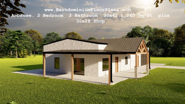 Ambrose-barndominium-2Bedroom-2Bath-30x42-1260-sqft-plus-30x28-Shop