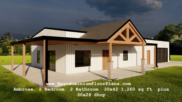 Ambrose-barndominium-2Bed-2Bath-30x42-1260-sqft-plus-30x28-Shop