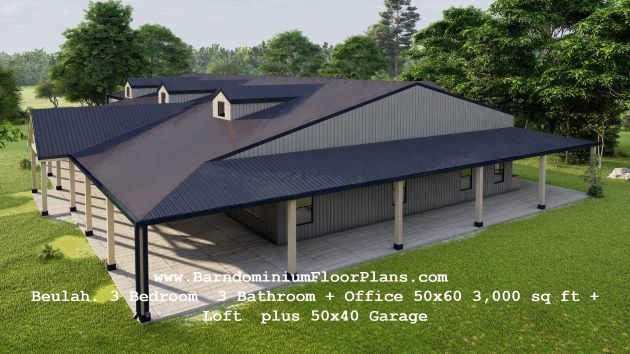 BarndominiumFloorPlans  Beulah. 3 Bedroom  3 Bathroom + Office 50x60 3,000 sq ft + Loft  plus 50x40 Garage