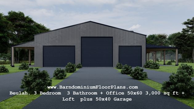 BarndominiumFloorPlans  Beulah. 3 Bedroom  3 Bathroom + Office 50x60 3,000 sq ft + Loft  plus 50x40 Garage