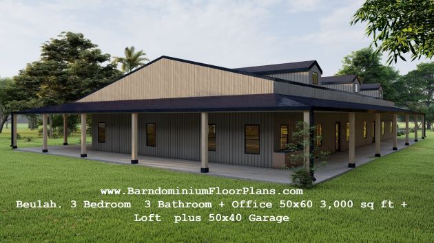 BarndominiumFloorPlans Beulah. 3 Bedroom  3 Bathroom + Office 50x60 3,000 sq ft + Loft  plus 50x40 Garage