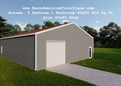 BarndominiumFloorPlans Autumn. 2 Bedroom 1 Bathroom 40x20 800 sq ft plus 40x40 Shop