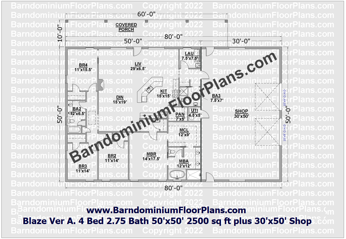 Blaze Version A. 4 Bed 2.75 Bath 50'x50' 2500 sq ft plus 30'x50' Shop