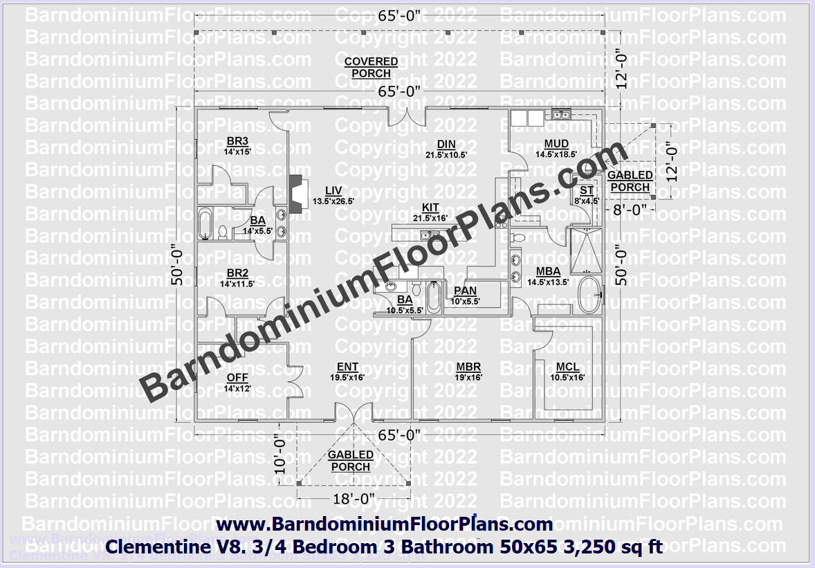 Clementine V8 3 or 4 Bedroom 3 Bath 3,250 sq. ft. Barndominium Floor Plan