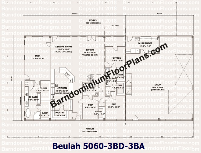 BarndominiumFloorPlans Beulah. 3 Bedroom 3 Bathroom + Office 50x60 3,000 sq ft plus Loft plus 50x40 Garage