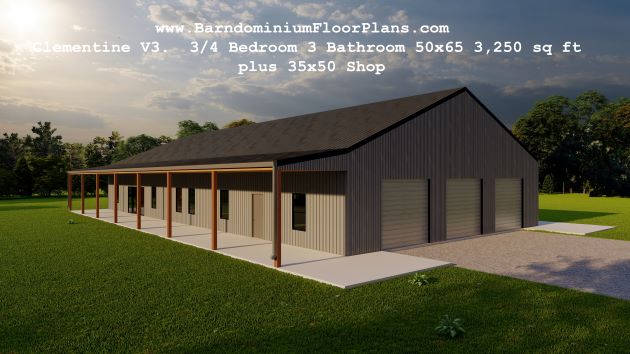 Clementine-V3-barndominium-3drender-3to4-Bedroom-3Bathroom-3250-sqft-plus-Shop