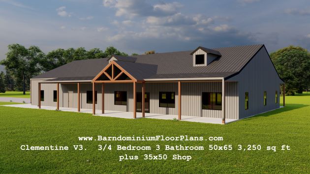 Clementine-V3-barndominium-3drender-3to4-Bedroom-3Bathroom-50x65-3250-sqft-plus-35x50-Shop