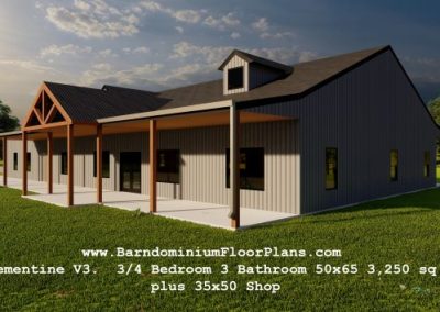 Clementine-V3-barndominium-3drender-frontview-3to4-Bedroom-3Bathroom-50x65-3250-sqft-plus-35x50-Shop