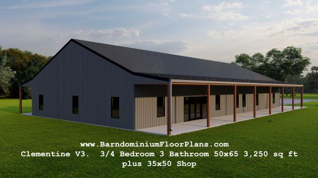 Clementine-V3-barndominium-3drender-left-sideview-3to4-Bedroom-3Bathroom-50x65-3250-sqft-plus-35x50-Shop