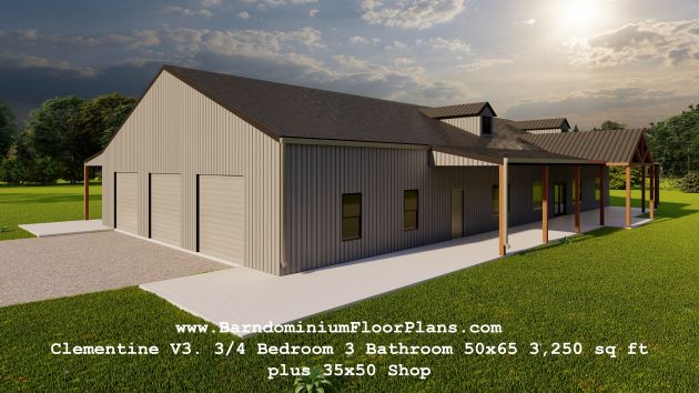 Clementine-V3-barndominium-3drender-lobf-porch-3to4-Bedroom-3Bathroom-50x65-3250-sqft-plus-35x50-Shop