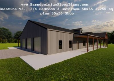 Clementine-V3-barndominium-3drender-topview-3to4-Bedroom-3Bathroom-50x65-3250-sqft-plus-35x50-Shop
