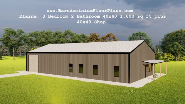 BarndominiumFloorPlans.com  Elaine. 3 Bedroom 2 Bathroom 40x 40 1,600 sq ft plus 40x40 Shop 