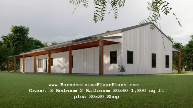 BarndominiumFloorPlans.com Grace. 3 Bedroom 2 Bathroom 30x60 1,800 sq ft plus 30x30 Shop
