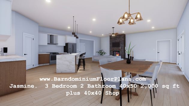 BarndominiumFloorPlans Stock Floor Plan Jasmine. 3D Rendering Interior 3 Bedroom 2 Bathroom 40x50 2,000 sq ft plus 40x40 Shop