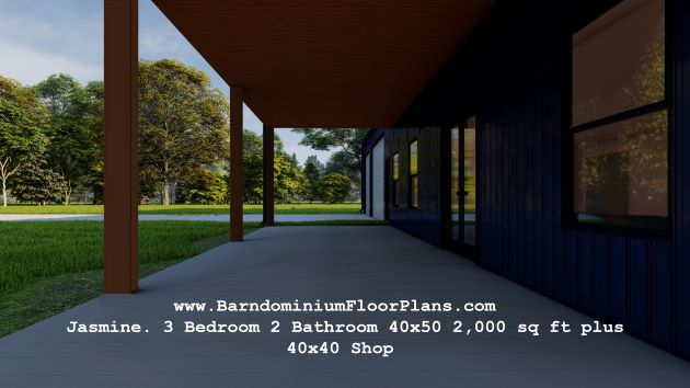 BarndominiumFloorPlans Stock Floor Plan Jasmine Barndominium 3D Rendering Exterior 3 Bedroom 2 Bathroom 40x50 2,000 sq ft plus 40x40 Shop