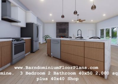 BarndominiumFloorPlans Stock Floor Plan Jasmine. 3D Rendering Interior 3 Bedroom 2 Bathroom 40x50 2,000 sq ft plus 40x40 Shop
