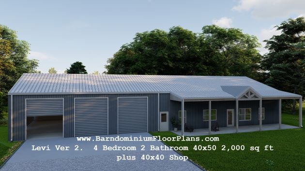 BarndominiumFloorPlans  Levi Ver 2.  4 Bedroom 2 Bathroom 40x50 2,000 sq ft with Laundry plus 40x40 Shop