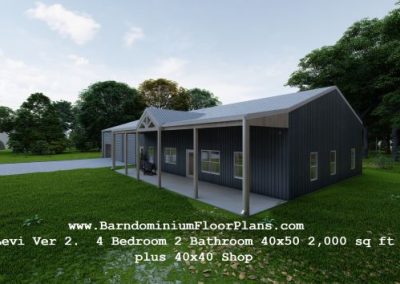 BarndominiumFloorPlans Levi Ver 2. 4 Bedroom 2 Bathroom 40x50 2,000 sq ft with Laundry plus 40x40 Shop