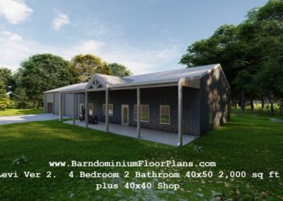 BarndominiumFloorPlans Levi Ver 2. 4 Bedroom 2 Bathroom 40x50 2,000 sq ft with Laundry plus 40x40 Shop