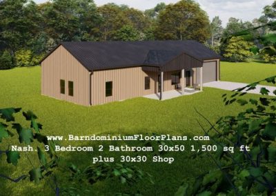 BarndominiumFloorPlans Nash. 3 Bedroom 2 Bathroom 30x50 1,500 sq ft with Master Suite plus 30x30 Shop