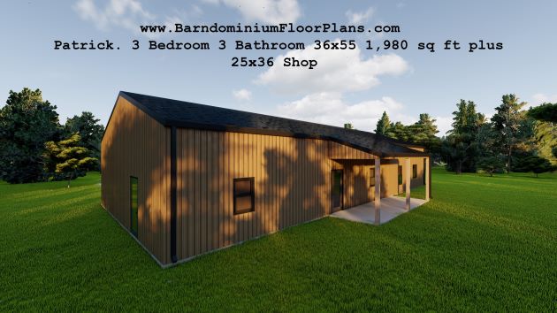BarndominiumFloorPlans Patrick 3 Bedroom 3 Bathroom 36x55 1,980 sq ft with Laundry Room plus 25x36 Shop.