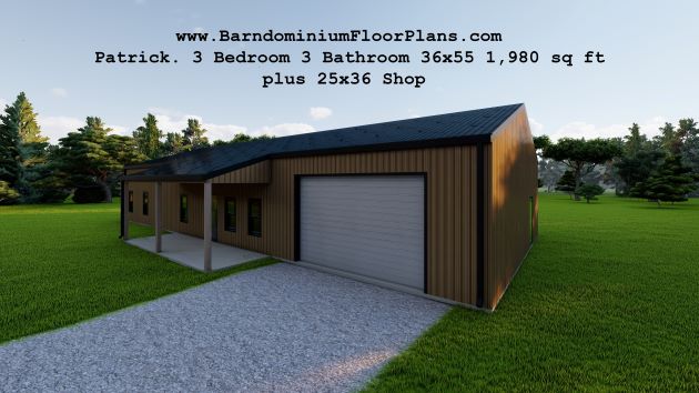 BarndominiumFloorPlans Patrick 3 Bedroom 3 Bathroom 36x55 1,980 sq ft with Laundry Room plus 25x36 Shop.