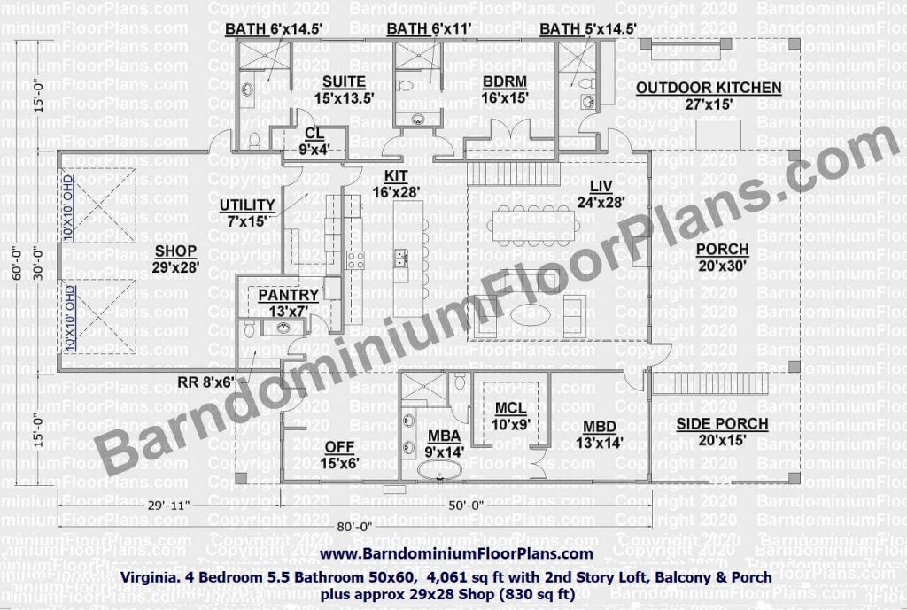 Virginia barndo plan with loft 4 Bedroom 5.5 Bathroom 50x60, 4,061 sq ft with 2nd Story Loft, Balcony & Porch plus approx 29x28 Shop (830 sq ft)