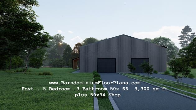 BarndominiumFloorPlans Hoyt . 5 Bedroom 3 Bathroom 50x 66 3,300 sq ft plus 50x34 Shop