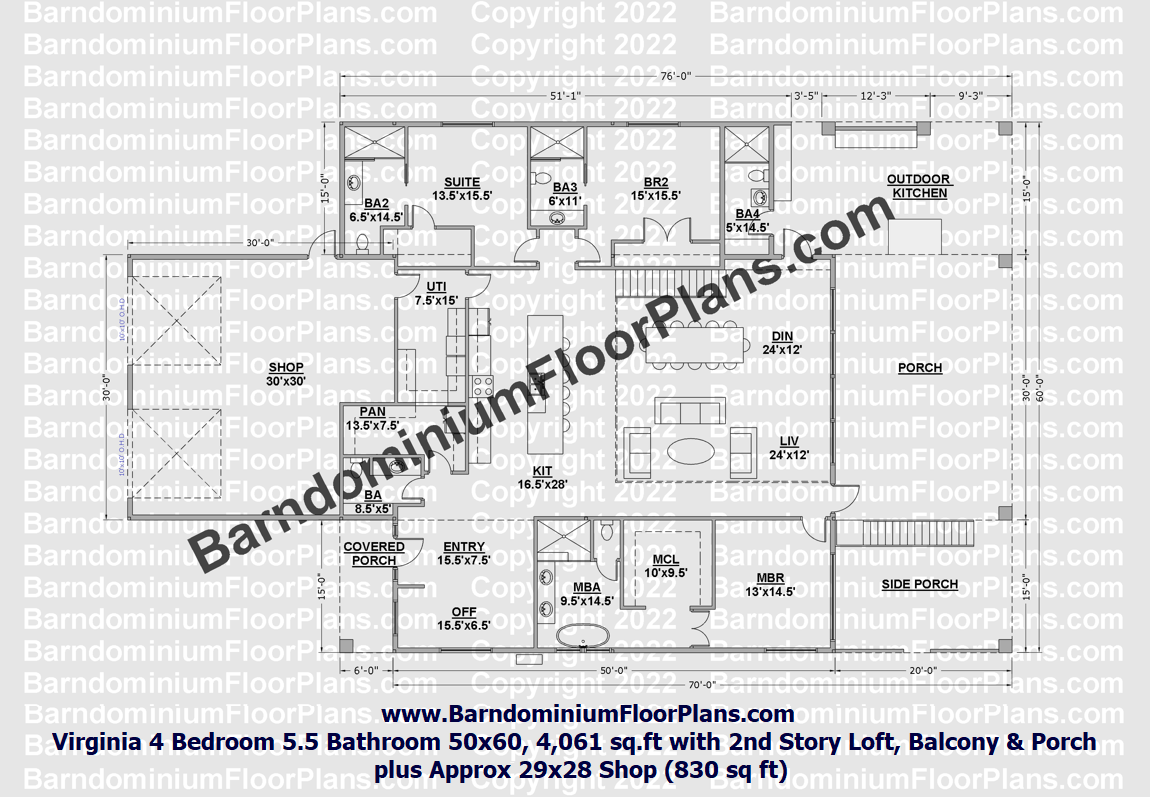 BarndominiumFloorPlans Virginia 4 Bedroom 5.5 Bathroom 50x60, 4,061 sq.ft with 2nd Story Loft, Balcony & Porch plus Approx 29x28 Shop (830 sq ft)