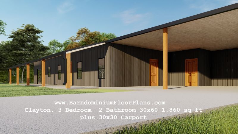 BarndominiumFloorPlans Clayton 3 Bedroom 2 Bathroom 30x60 1,860 sq ft plus 30x30 Carport
