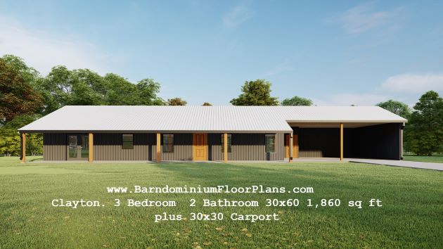 BarndominiumFloorPlans Clayton 3 Bedroom 2 Bathroom 30x60 1,860 sq ft plus 30x30 Carport