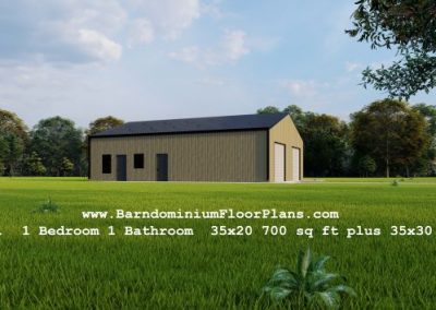 BarndominiumFloorPlans Bart 1 Bedroom 1 Bathroom 35x20 700 sq ft with Laundry Closet plus 35x30 Shop