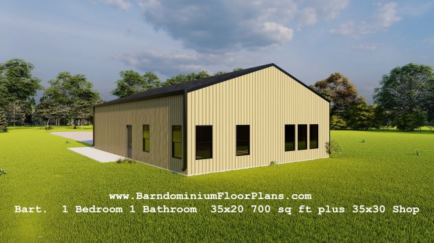 BarndominiumFloorPlans Bart 1 Bedroom 1 Bathroom 35x20 700 sq ft with Laundry Closet plus 35x30 Shop