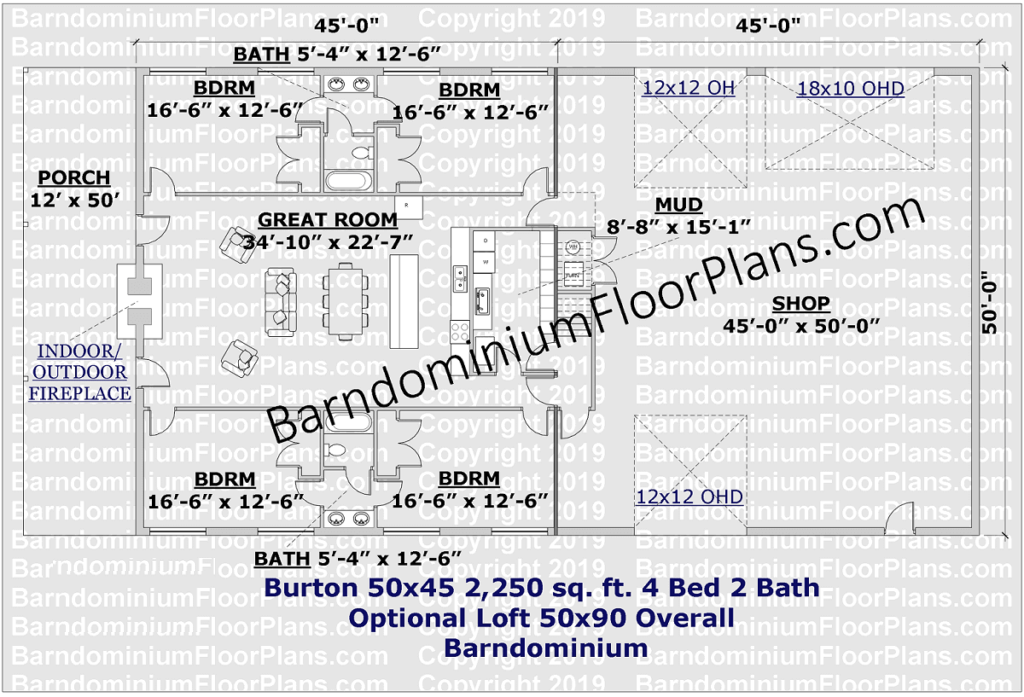 barndominiumfloorplans-burton-barndominium 4bed and 2.5bath 2250 sq.ft floor plan with shop