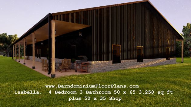 BarndominiumFloorPlans Isabella. 4 Bedroom 3 Bathroom 50 x 65 3,250 sq ft plus 50 x 35 Shop
