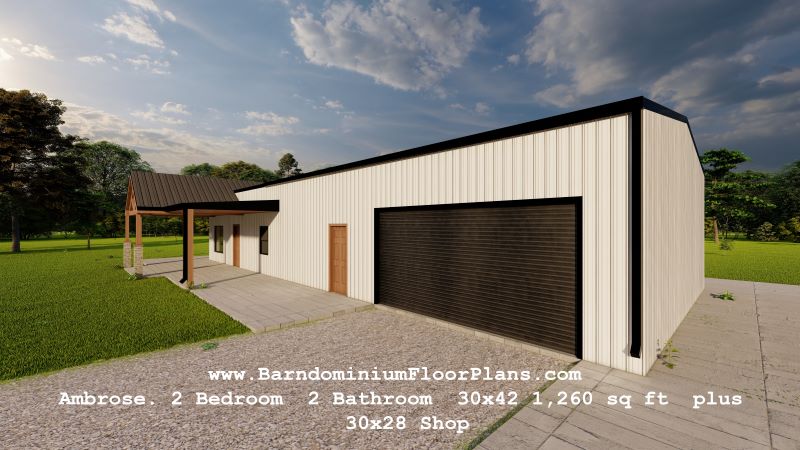 Barndominiumfloorplans Ambrose 30′ x 42′ – 2 bedroom -2 bathroom (1,260 sq ft living 30′ x 28′ shop)
