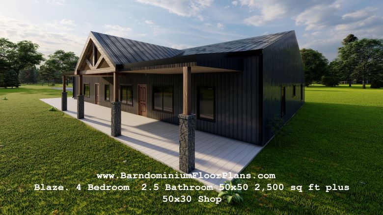 barndominiumfloorplans Blaze-barndominium-4Bedroom-2.5Bathroom-50x50-2500-sqft-plus-50x30-Shop