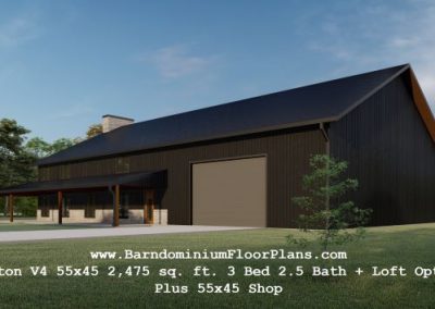 BarndominiumFloorPlans Burton V4 55x45 2,475 sq. ft. 3 Bed 2.5 Bath + Loft Option Plus 55x45 Shop