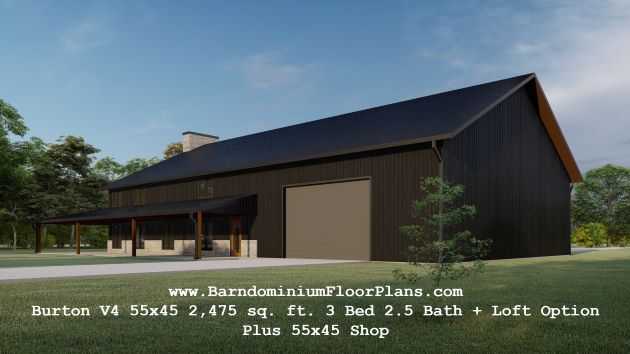 BarndominiumFloorPlans Burton V4 55x45 2,475 sq. ft. 3 Bed 2.5 Bath + Loft Option Plus 55x45 Shop