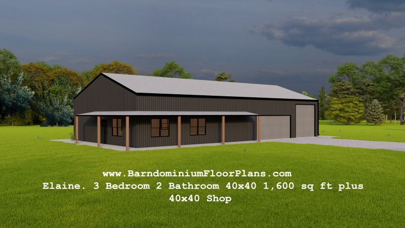BarndominiumFloorPlans.com Elaine. 3 Bedroom 2 Bathroom 40x 40 1,600 sq ft plus 40x40 Shop