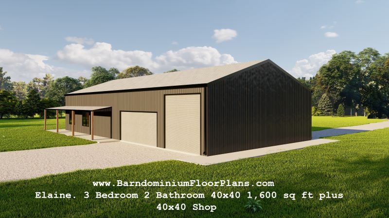 barndominiumfloorplans Elaine 40′ x 40′- 3 bedroom – 2 bathroom (1,600 sq ft living 40′ x 40′ shop)