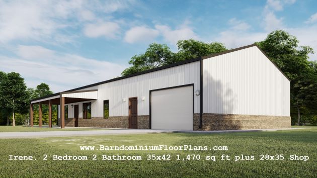 barndominiumfloorplans Irene 35′ x 42′ – 2 bedroom – 2 bathroom (1,470 sq ft living 28′ x 35′ shop)