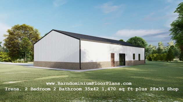 barndominiumfloorplans Irene 35′ x 42′ – 2 bedroom – 2 bathroom (1,470 sq ft living 28′ x 35′ shop)