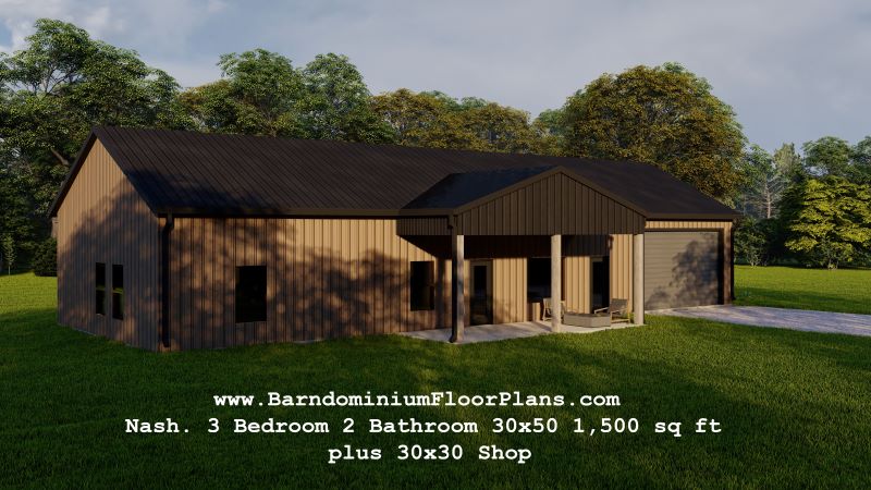BarndominiumFloorPlans Nash. 3 Bedroom 2 Bathroom 30x50 1,500 sq ft with Master Suite plus 30x30 Shop