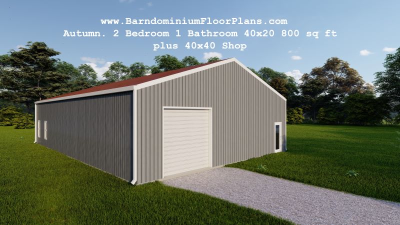 Barndominiumfloorplans Autumn 40′ x 20′ – 2 bedroom -1 bathroom (800 sq ft living 40′ x 40′ shop)