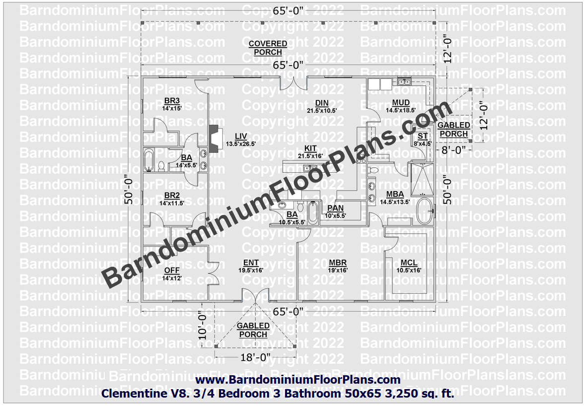barndominiumfloorplans clementine version 8 50x65 3 bed 3 bath 3250 sq.ft floor plan