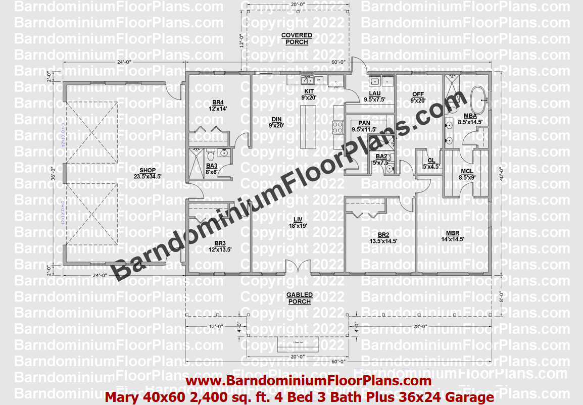 barndominiumfloorplans mary barndominium 40x60 2,400 sq.ft 4 bed 3 bath plus 36xx24 garage