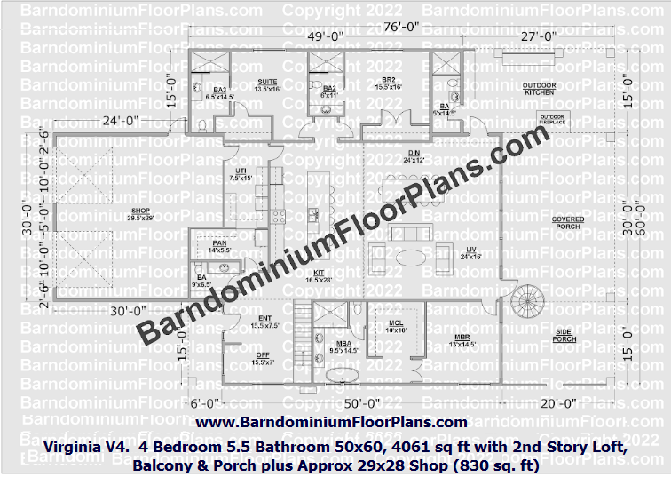 BarndominiumFloorPlans Virginia V4 3 Bedroom 5.5 Bathroom 50x60, 3,806 sq ft with Office, Loft, Front Porch, Deck plus 29x28 Shop (830 sq ft)