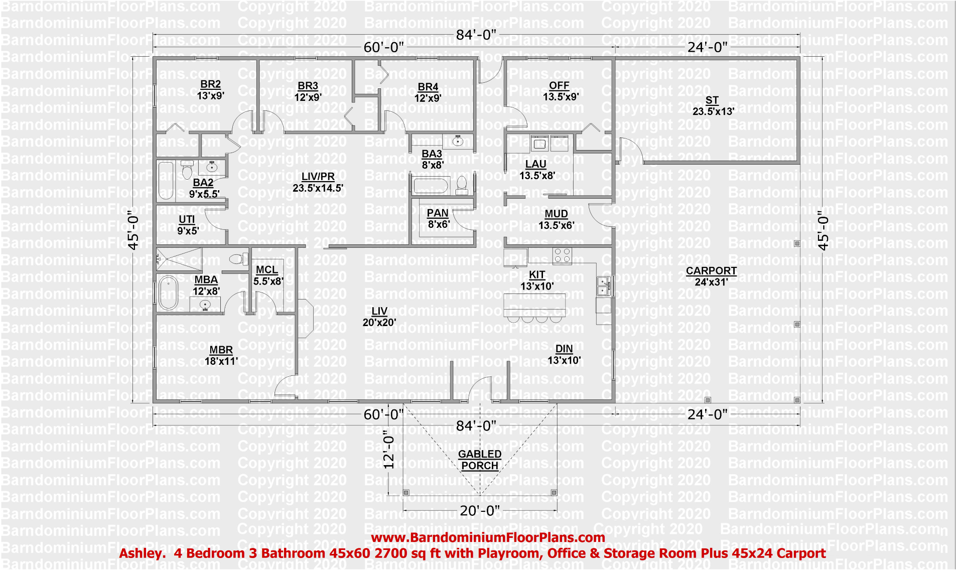 barndominiumfloorplans ashley 45x60 2,700 sq ft 4 Bed 3 Bath with playroom, office and storage room