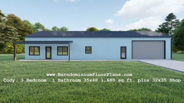 BarndominiumFloorPlans Cody. 3 Bedroom 1 Bathroom 35x48 1,680 sq ft. plus 32x35 Shop